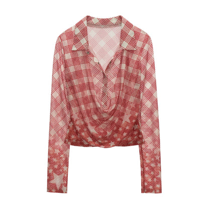 Layered Plaid Mesh Long Sleeve Shirt (Red / Blue)