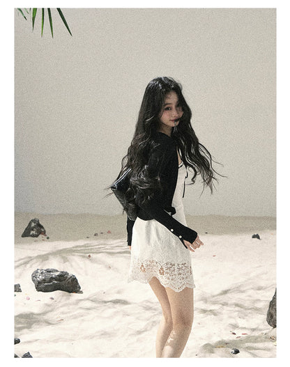 "Moonwoven Reverie" Cloud White Lace Bodycon Mini Dress & Serenity Black Cardigan 5132