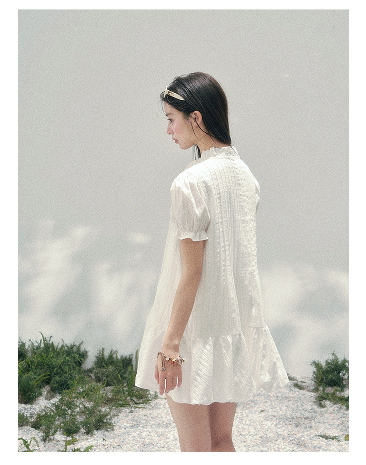 “Soft Pleats in Motion” Camellia White Bubble Mini Dress