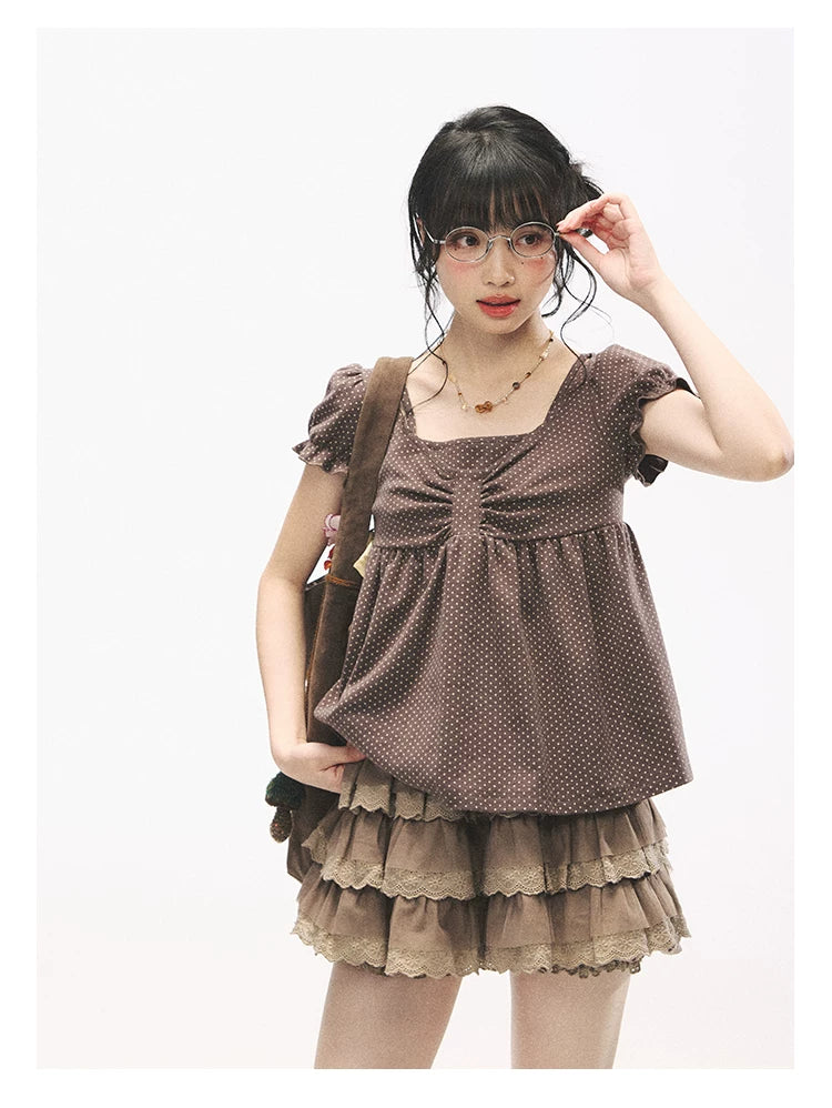 "Sweetheart Crew" Polka Dot Faux Two-Piece Bow Knit Short Sleeve Top