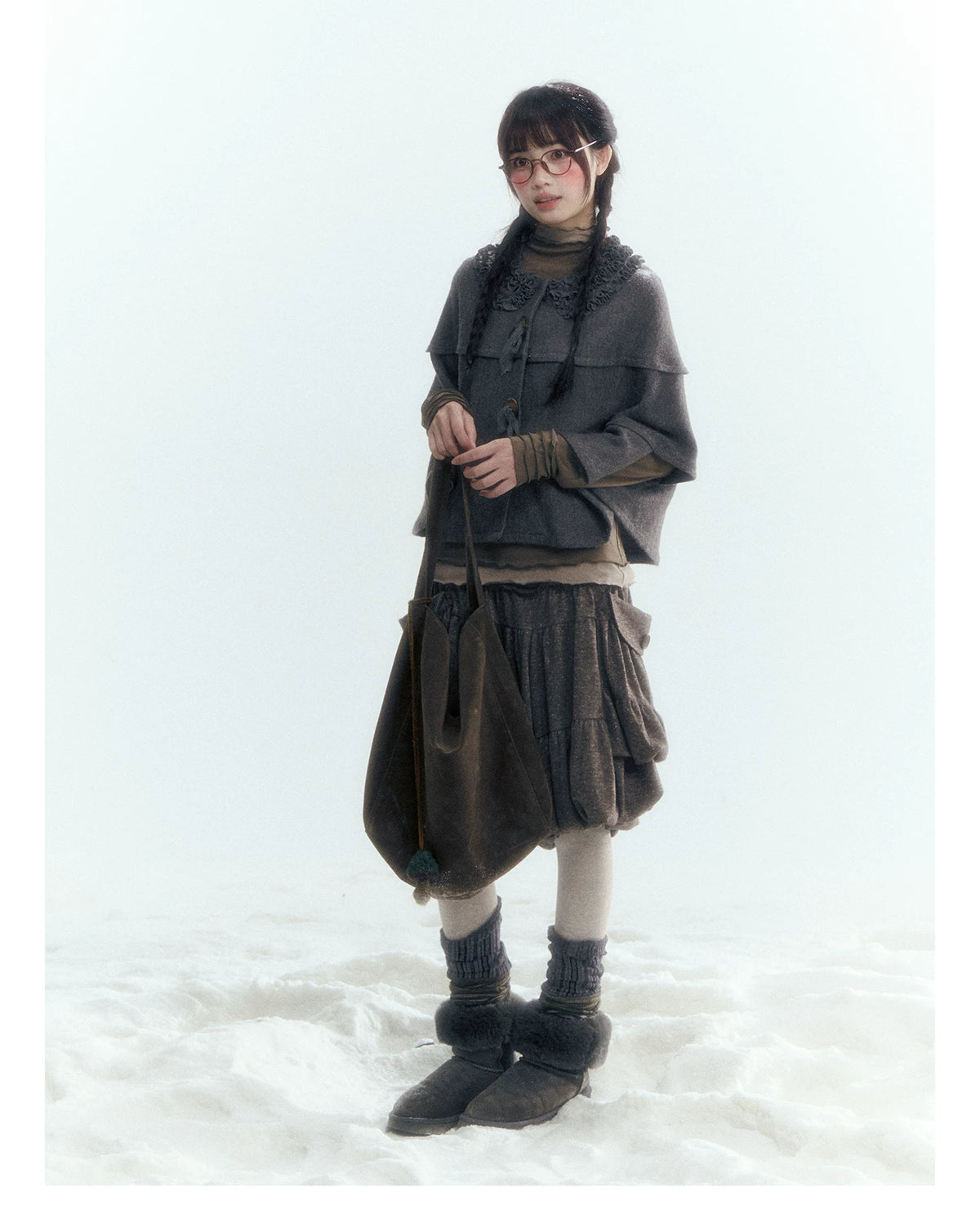 Horridale - Warm Charcoal Gray Knit Cape Poncho with Ruffle Collar