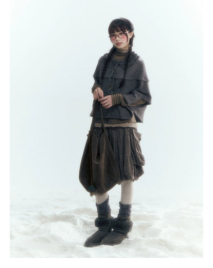 Horridale - Warm Charcoal Gray Knit Cape Poncho with Ruffle Collar