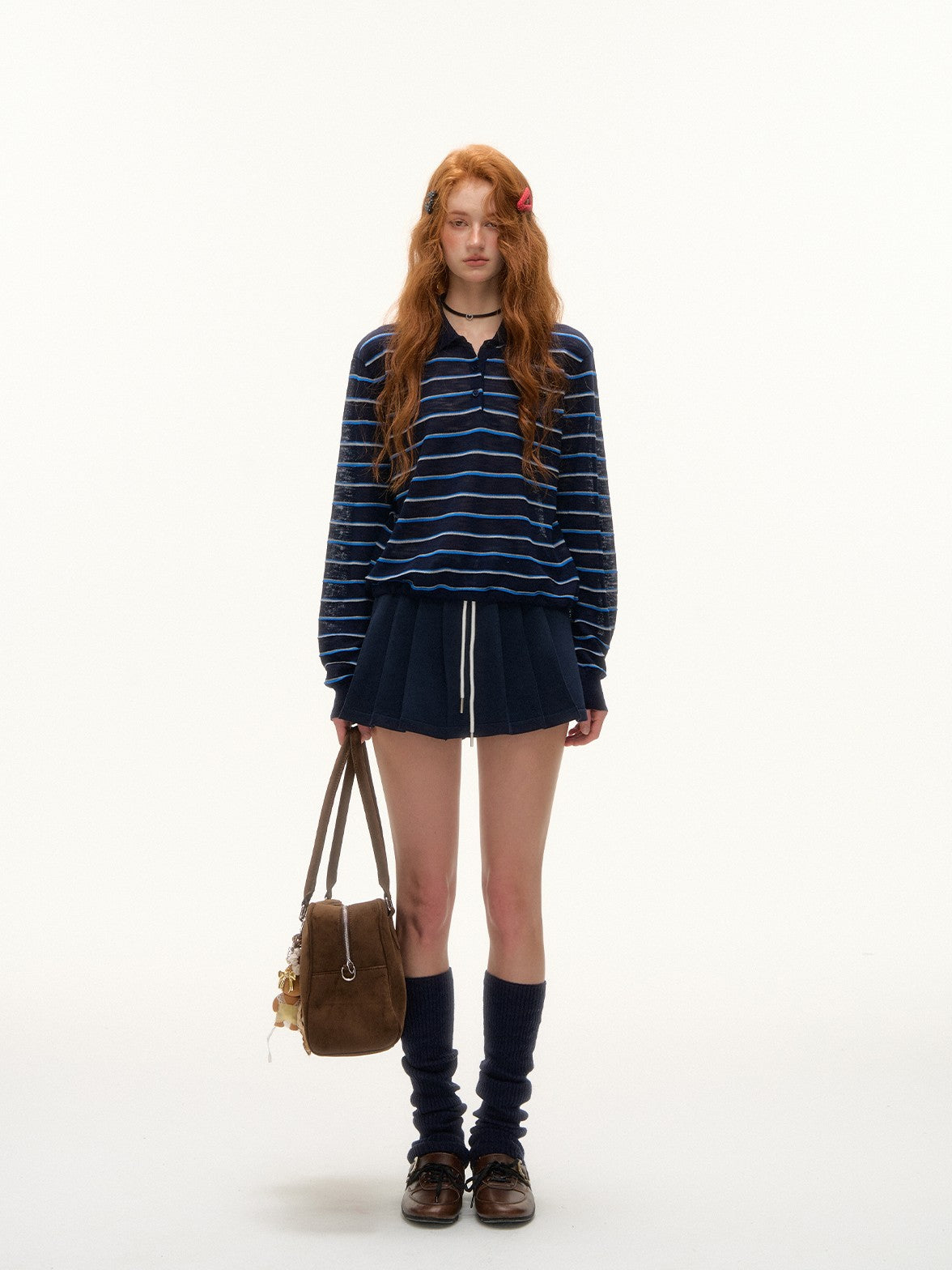 ASGONY - Drawstring Hem Striped Polo Knit (Navy Blue Stripe)