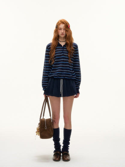ASGONY - Drawstring Hem Striped Polo Knit (Navy Blue Stripe)