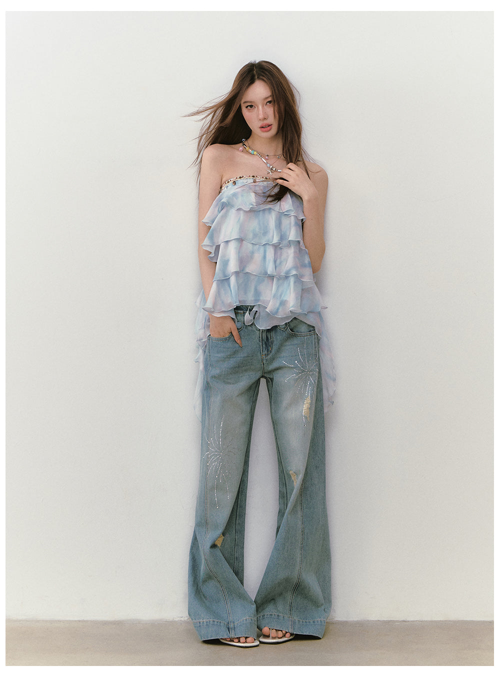 VIAPITTI - Firework Rhinestone Double-Waistband Jeans