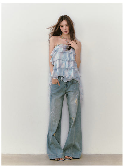 VIAPITTI - Firework Rhinestone Double-Waistband Jeans