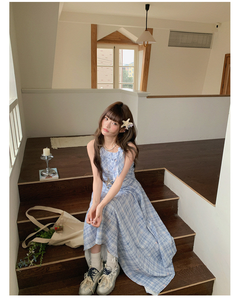 “Blue Meadow Reverie” Blue Plaid Floral Maxi Dress
