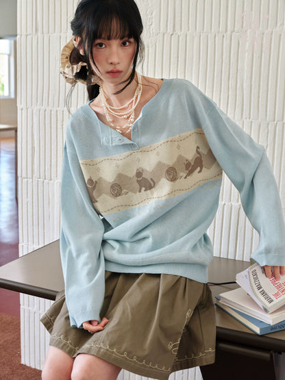 DAILY ARTIST - Light Blue Cat & Yarn Ball Henley Knit Pullover (With Matching Scarf)