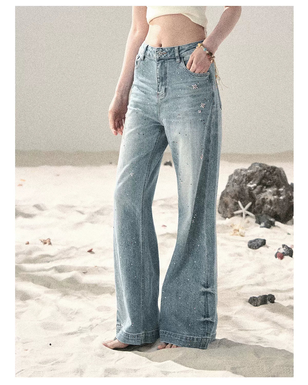 "Starlit River Shimmer" Distant Sky Blue Rhinestone Wide-Leg Jeans 65633