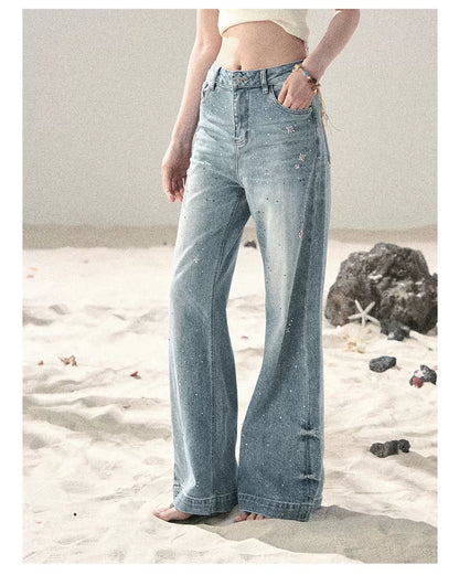 "Starlit River Shimmer" Distant Sky Blue Rhinestone Wide-Leg Jeans 65633