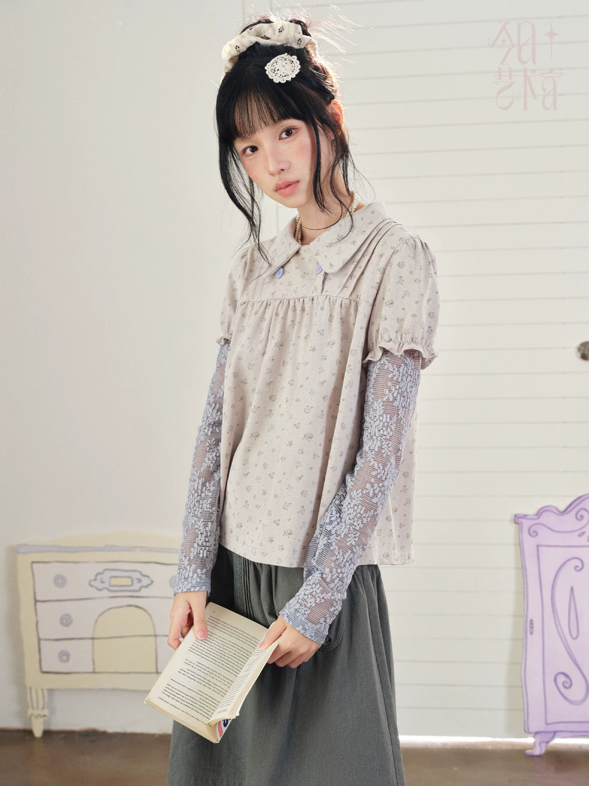DAILY ARTIST - “Blue Letters of Memory” Gray Blue Floral Faux-Layer Lace Knit Top