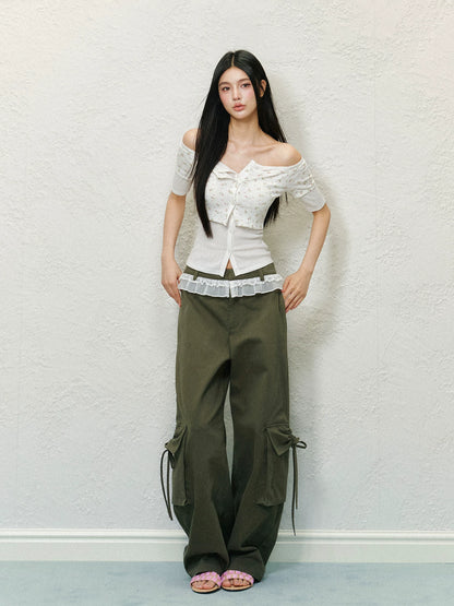 "Field Notes" Utility Wide-Leg Cargo Pants (Army Green/ Grape Purple)