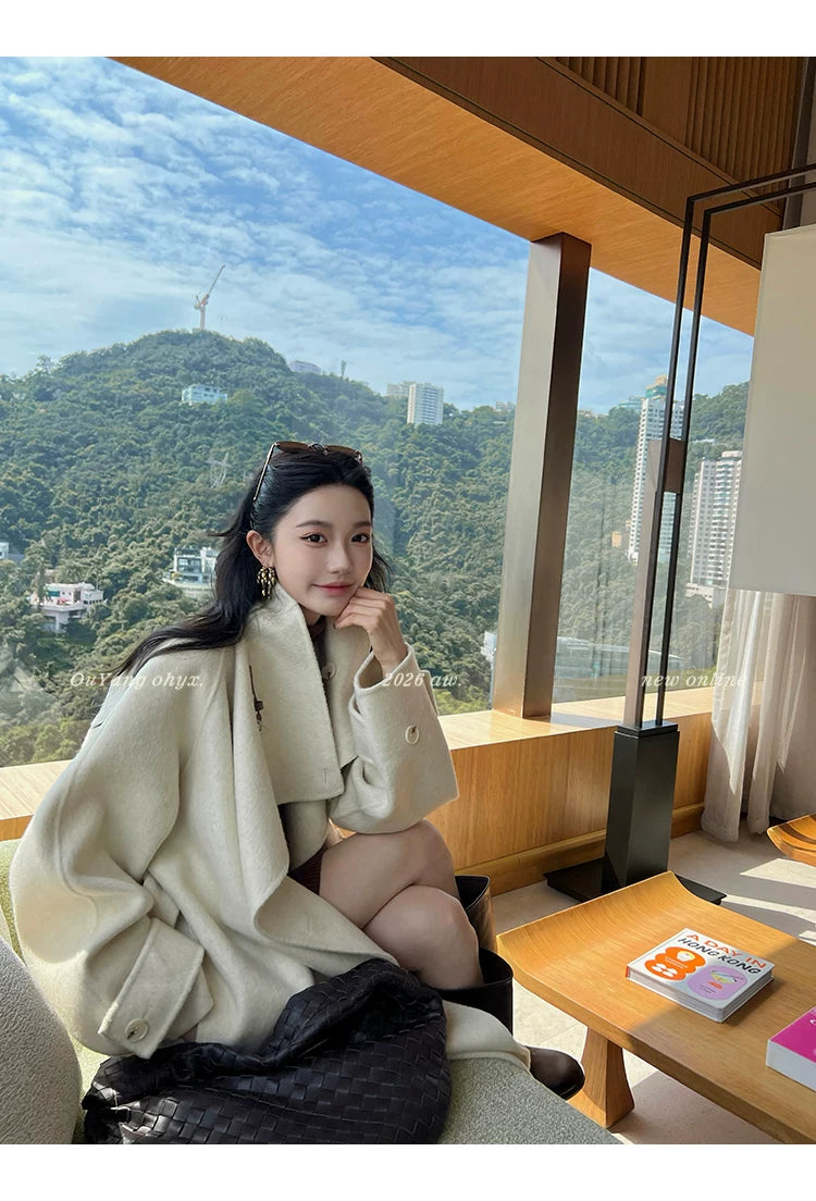 QuQuOuYang - 100% Wool Double-Face Belted Coat with Convertible Collar