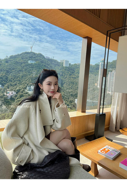 QuQuOuYang - 100% Wool Double-Face Belted Coat with Convertible Collar