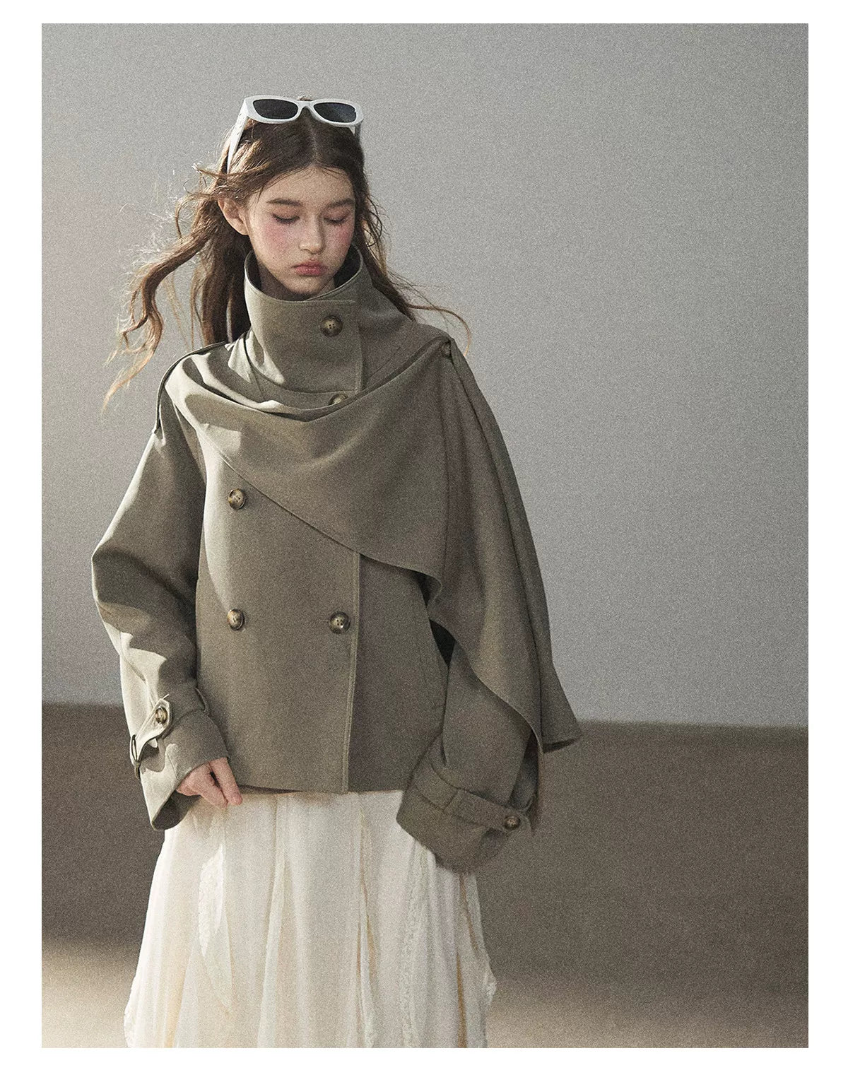Gray Funnel-Neck Double-Breasted Short Trench Coat