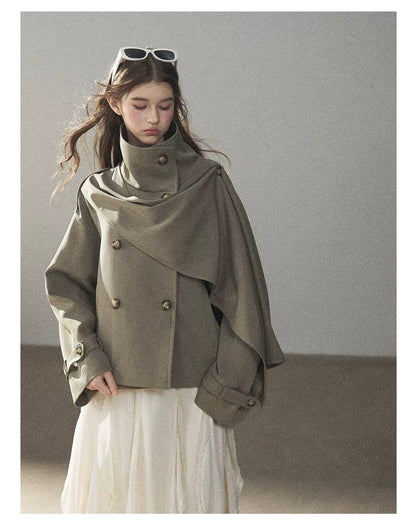 Gray Funnel-Neck Double-Breasted Short Trench Coat