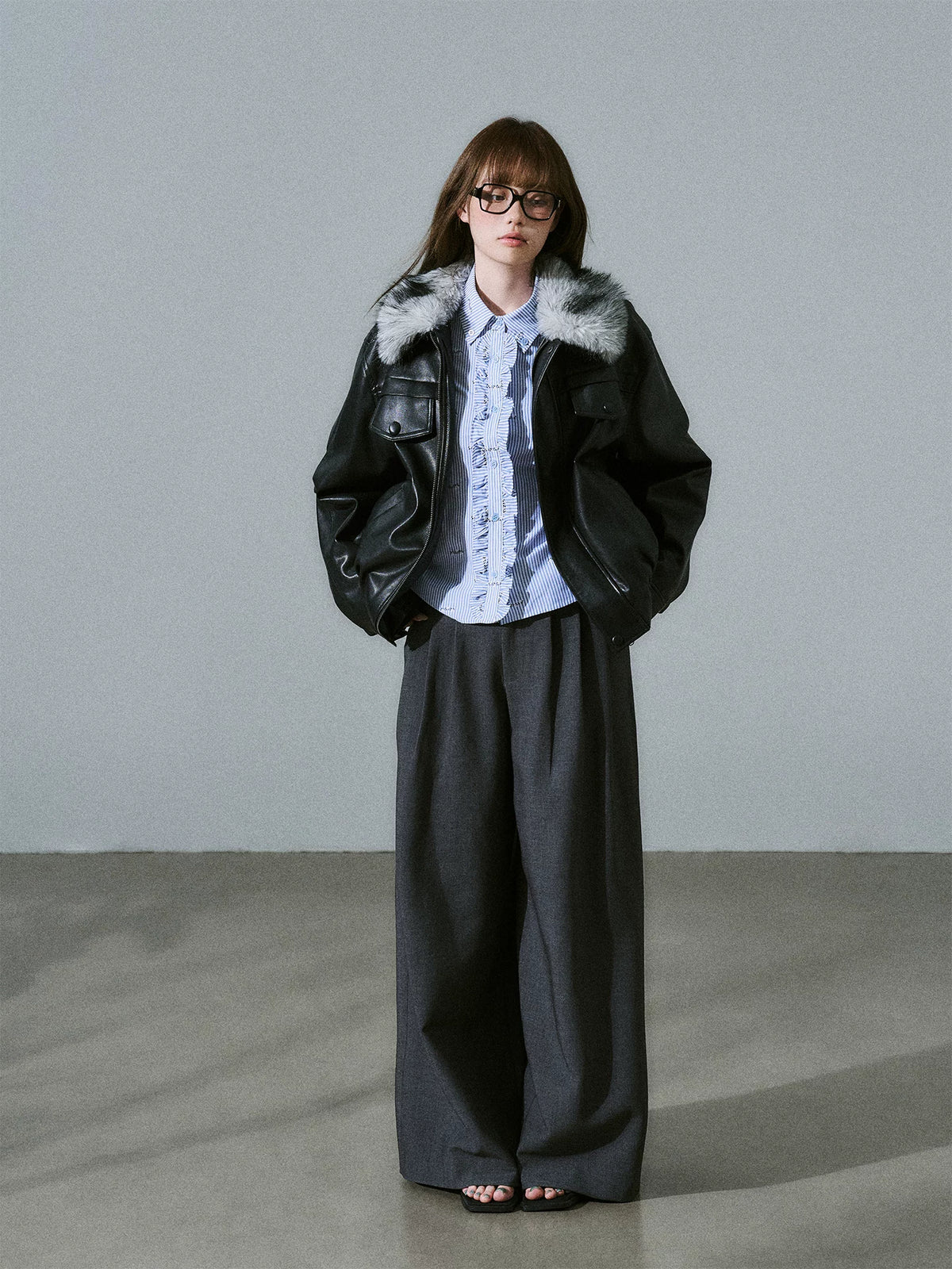 LOST FOREST - Low-Rise Triple-Pleat Wide-Leg Trousers (Black / Red Brown / Gray)