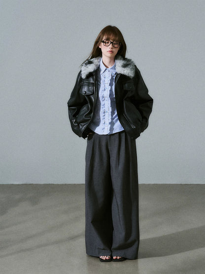 LOST FOREST - Low-Rise Triple-Pleat Wide-Leg Trousers (Black / Red Brown / Gray)