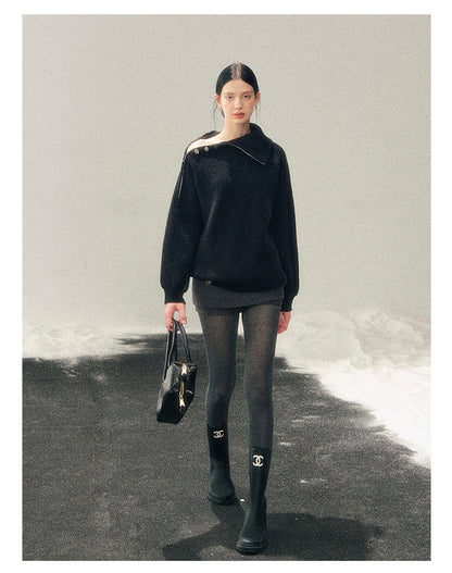 少也眼 "Dark Undertow in Zero Gravity" High-Neck Structured Knit Top