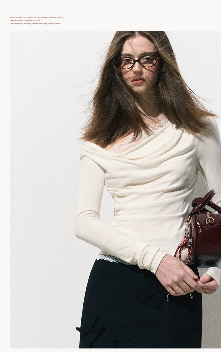 OAKMOO/ "Quiet Veins" Gardenia White Lace Knit Cowl-Neck Faux Two-Piece Fitted Top