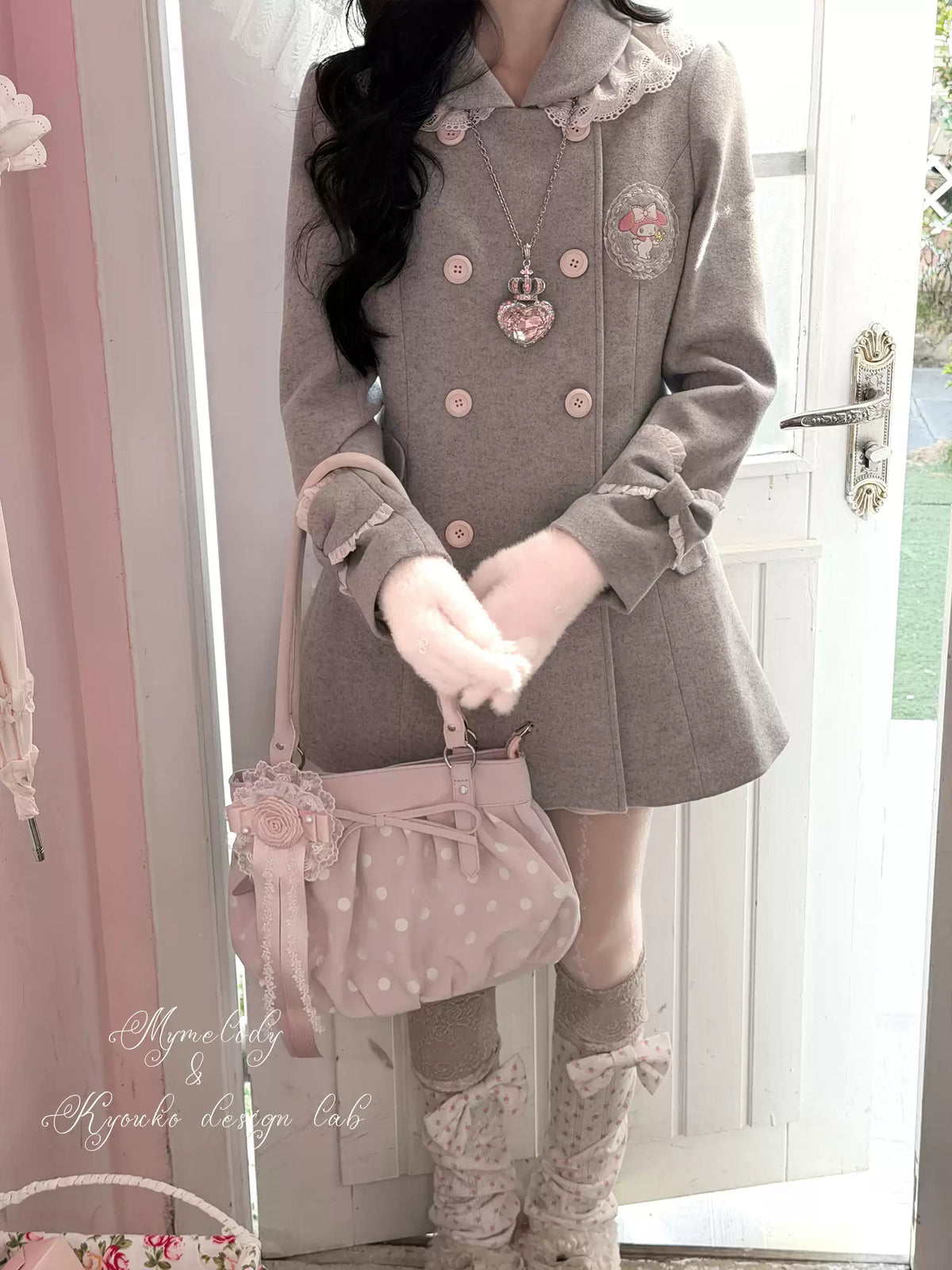 KYOUKO - My Melody Dusty Pink-Gray Double-Breasted Waist-Defined Wool-Look Coat
