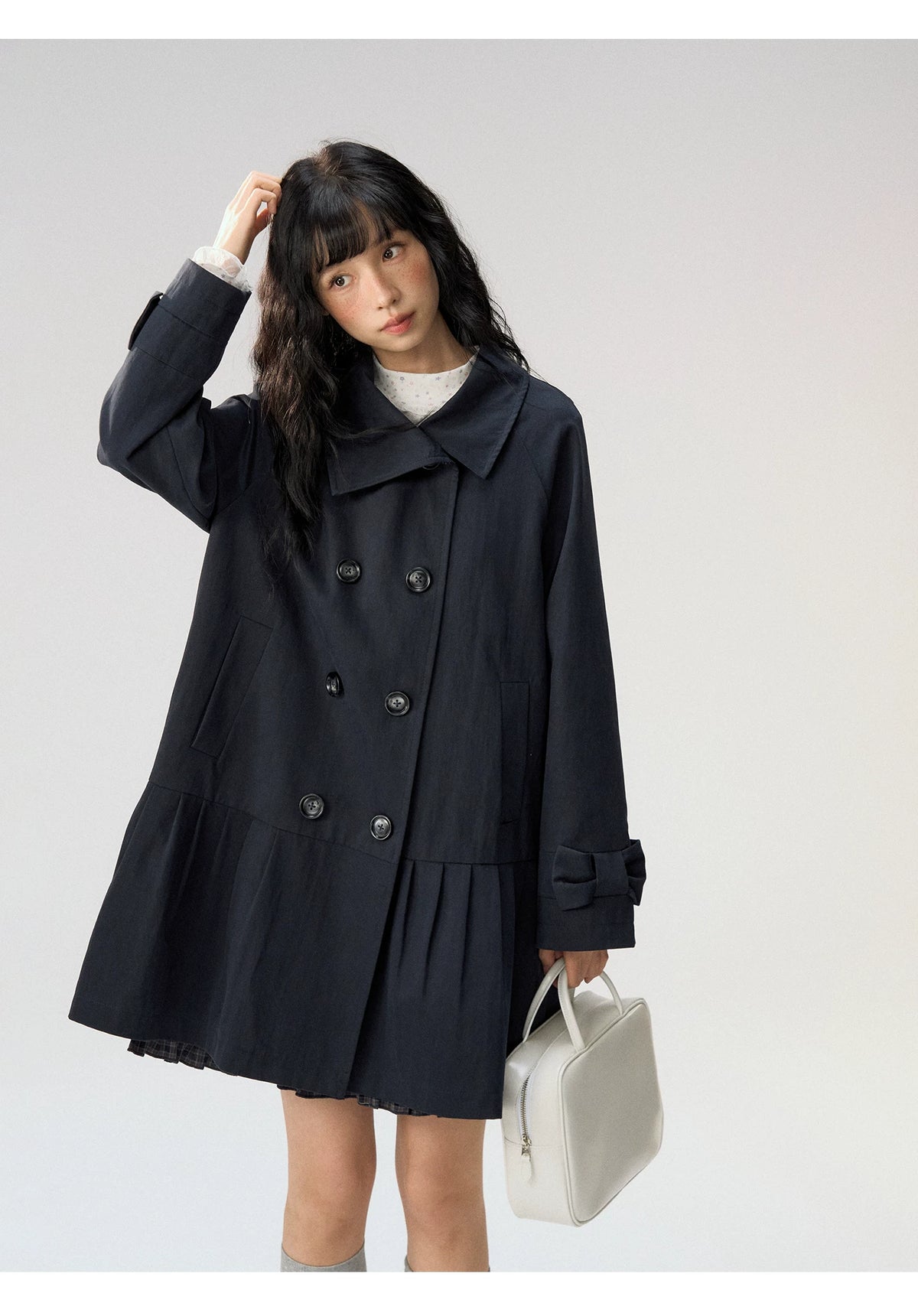 [CAN] "Azure Echoes" Navy Double-Breasted Bow Long Trench Coat