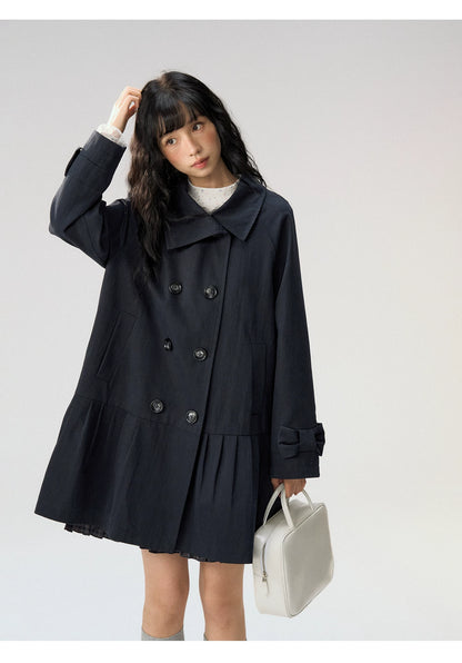 [CAN] "Azure Echoes" Navy Double-Breasted Bow Long Trench Coat