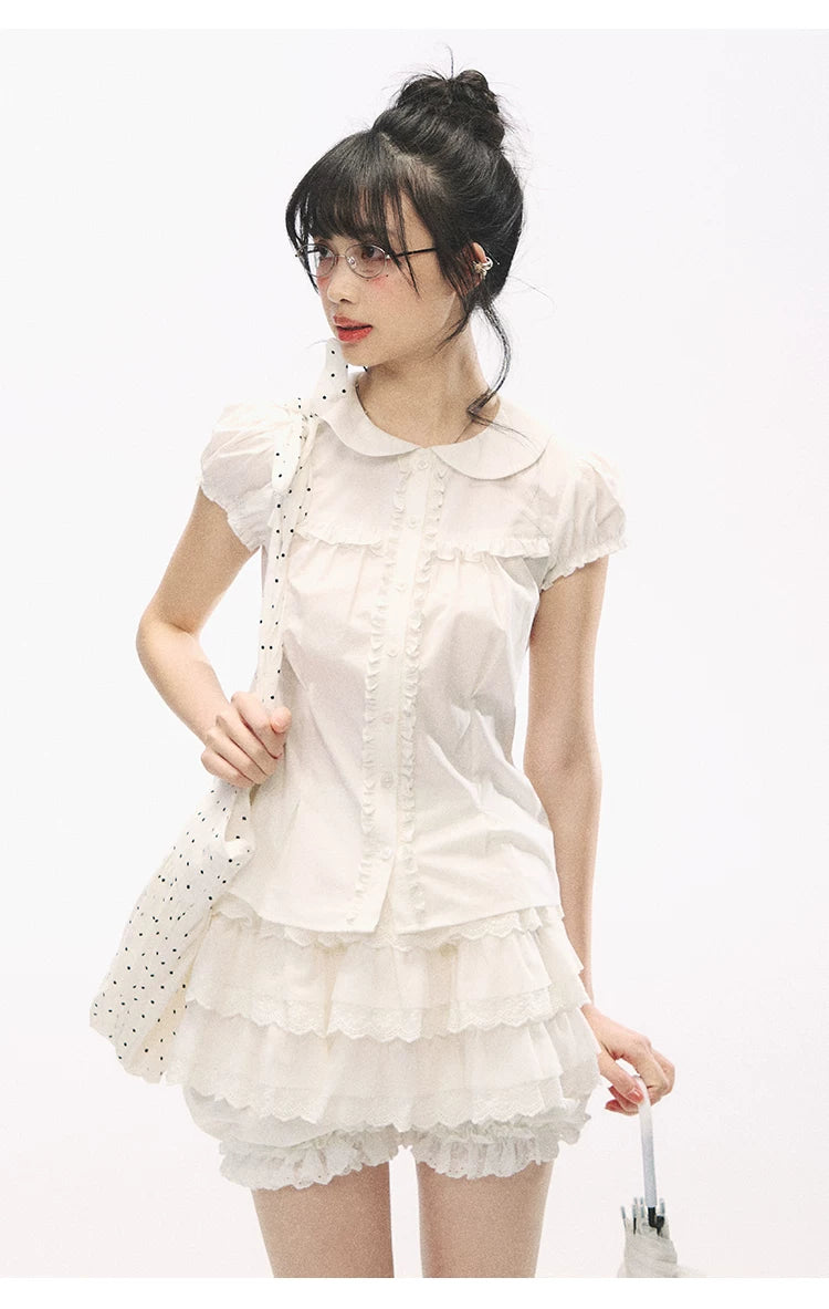 "Lace Soufflé" White Tiered Ruffle Bubble Skort