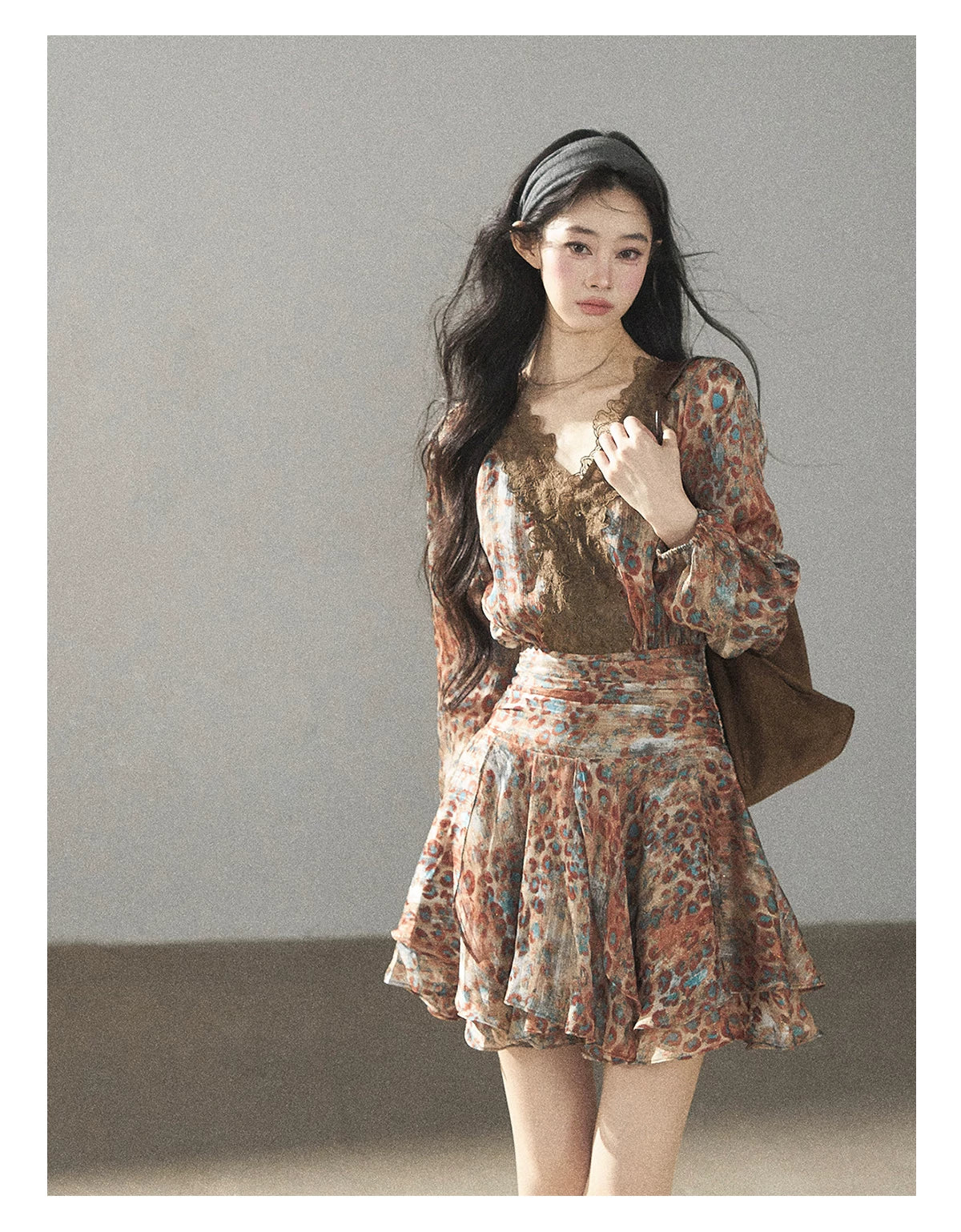 AOMALM - “Whispers of Withered Branches” Rich Cocoa French Lace Chiffon Mini Dress with Tights