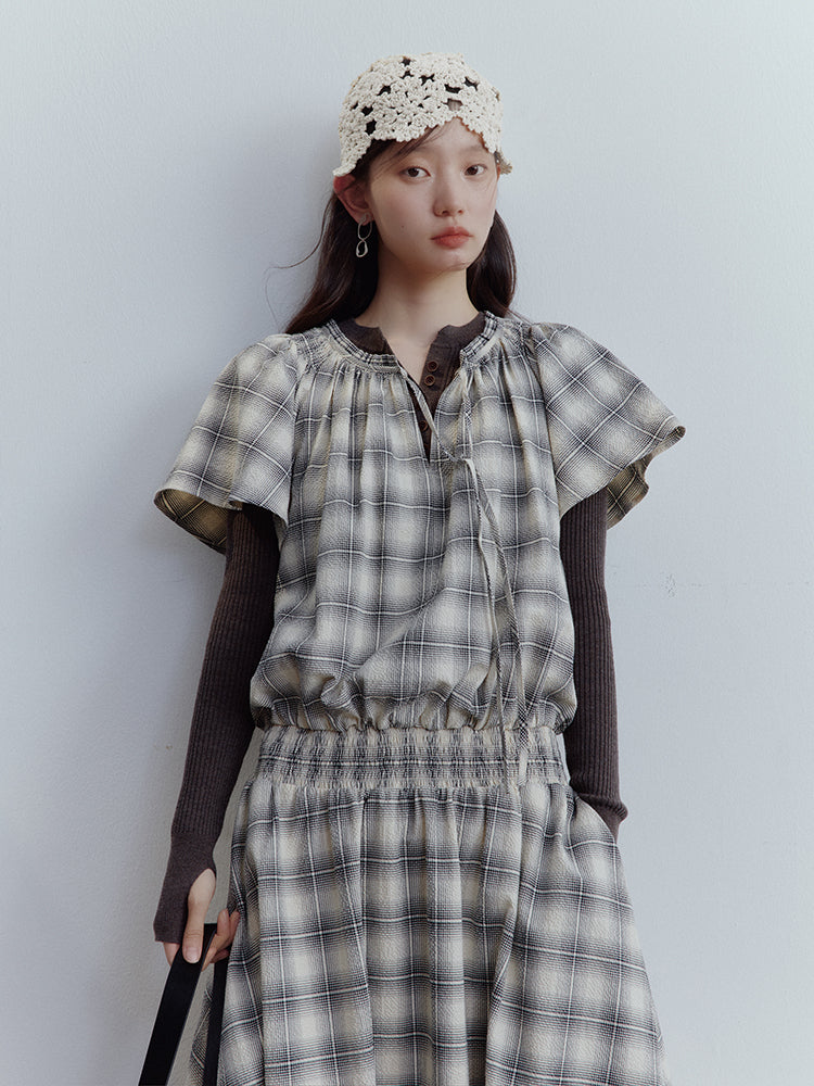 FUSSED Berlin Street Gathered & Panel Dress – Black & White Dupling Check FOF-25SS150