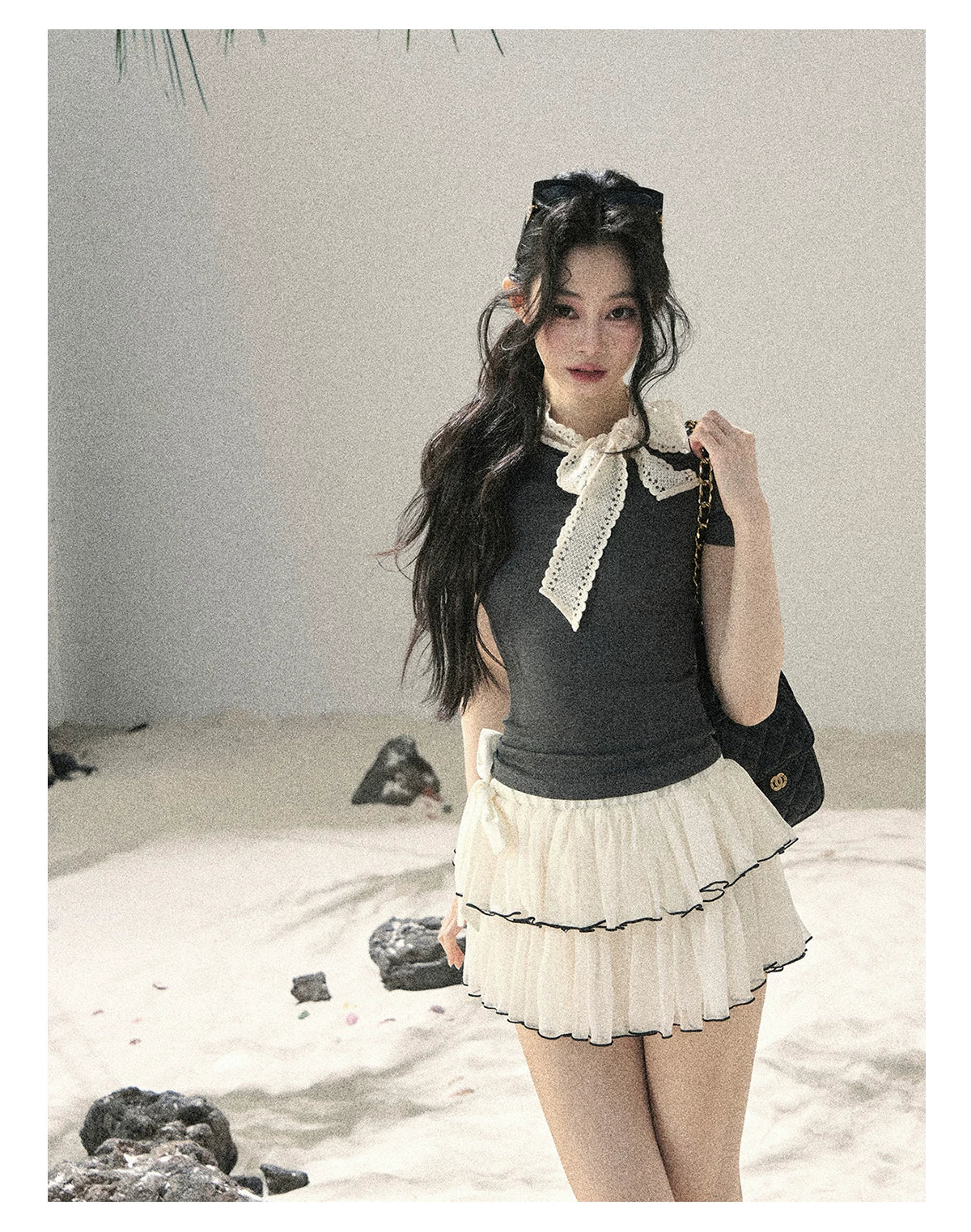 "Shadows & Soft Clouds" Slate Gray Bow Accent Crop Top