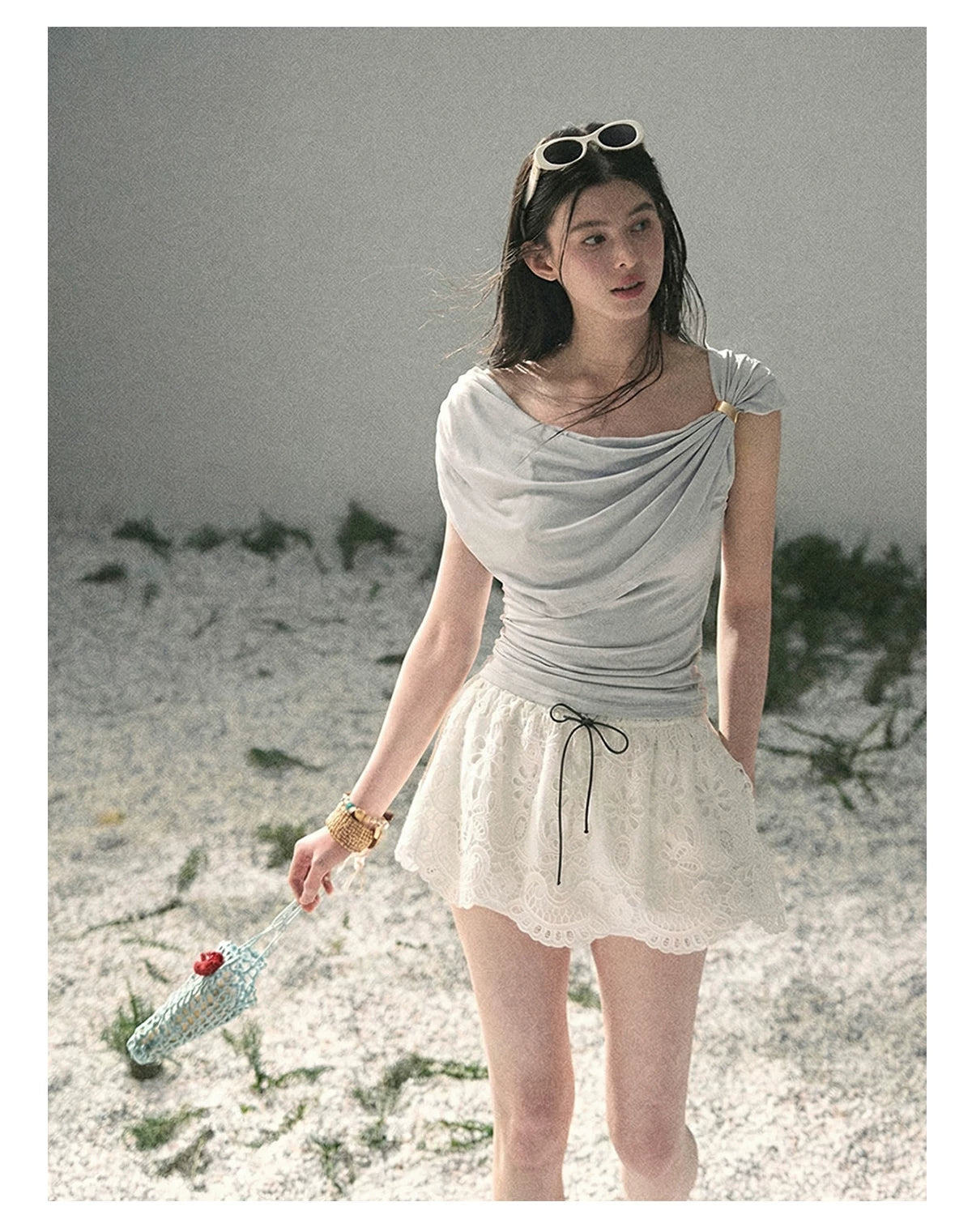 “When the Wind Stole Moonlight” Moonstone Draped Off-Shoulder Top
