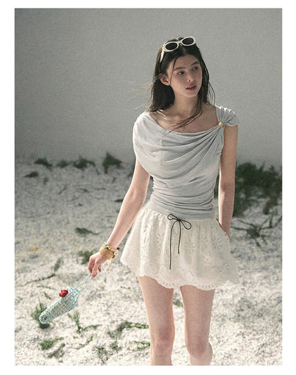 “When the Wind Stole Moonlight” Moonstone Draped Off-Shoulder Top