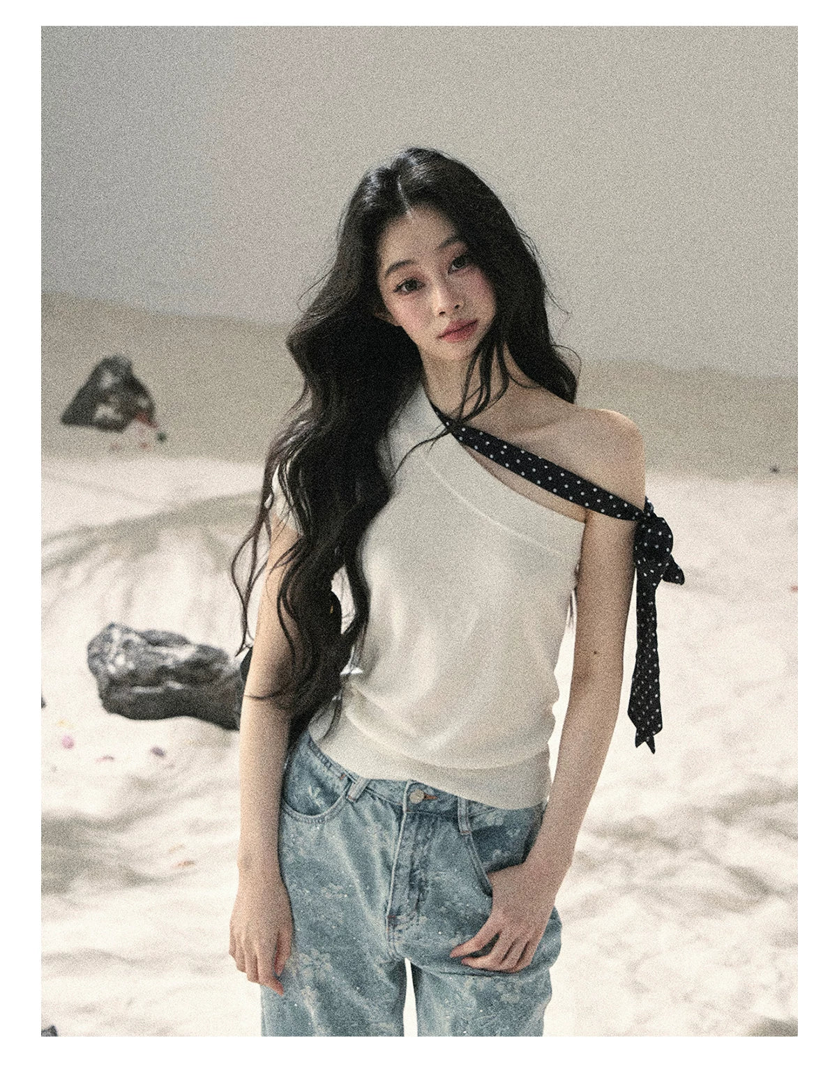 "Morning Dew & Evening Breeze" Cheese White One-Shoulder Polka Dot Crop Top