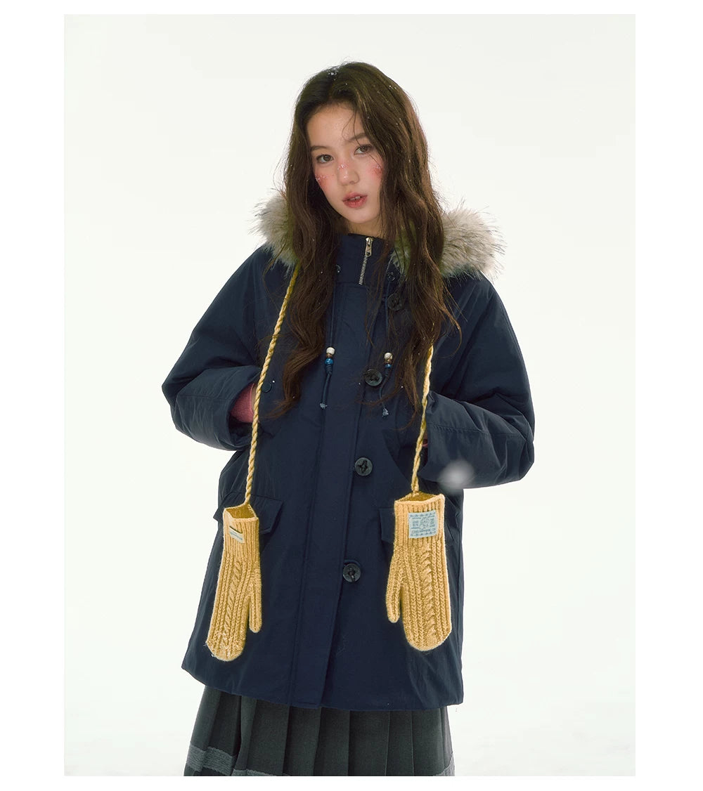 CANSTORE - "Voyage Day" Navy Blue Mid-Length Down Coat with Detachable Faux Fur Collar