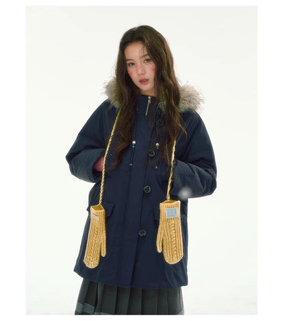 CANSTORE - "Voyage Day" Navy Blue Mid-Length Down Coat with Detachable Faux Fur Collar