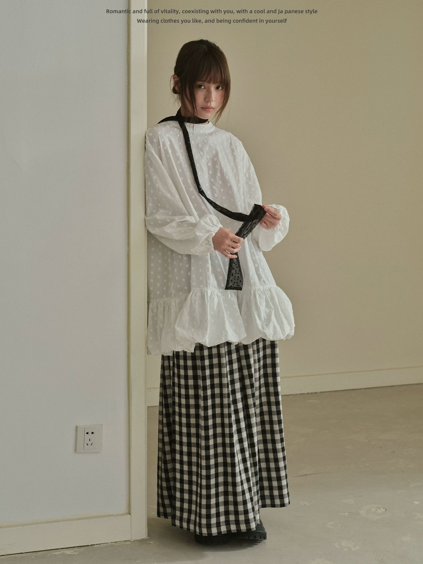 "Quiet Check" Plaid Wide Leg Trousers (Black & White Plaid)