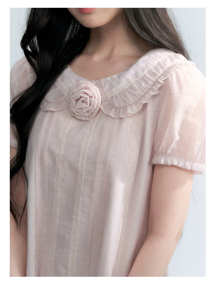 "Misty Wild Rose" Detachable Rose Lace Trim Puff Sleeve Midi Dress