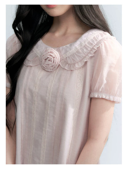 "Misty Wild Rose" Detachable Rose Lace Trim Puff Sleeve Midi Dress