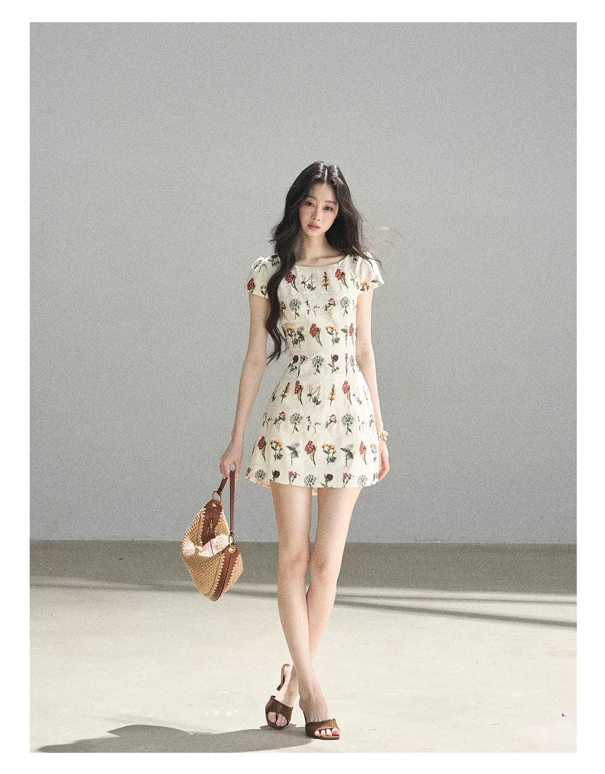 "Wildflower Daydream" Dutch Cream Embroidered Mini Dress - Short Sleeve 45684