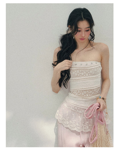 “Misty Muse” Sheer Lace Trim Tube Top Tee