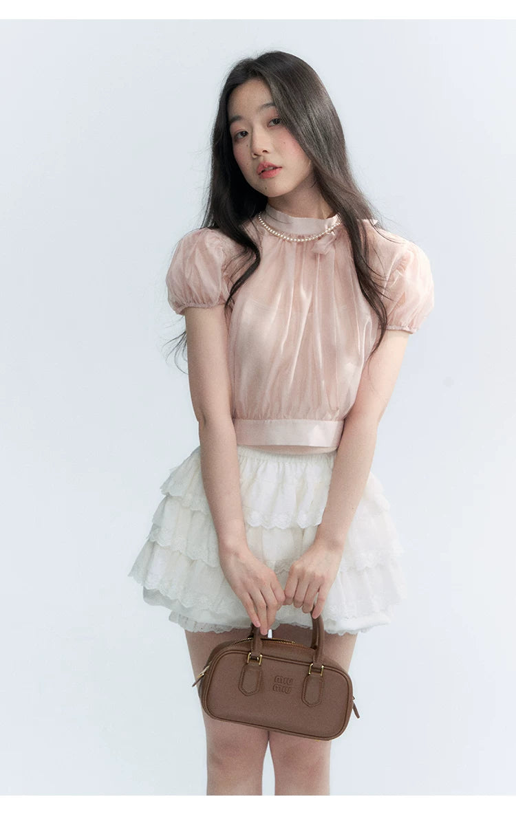 Vintage Stand Collar Bow Puff Sleeve Waist-Cinching Blouse with Knit Cami Set