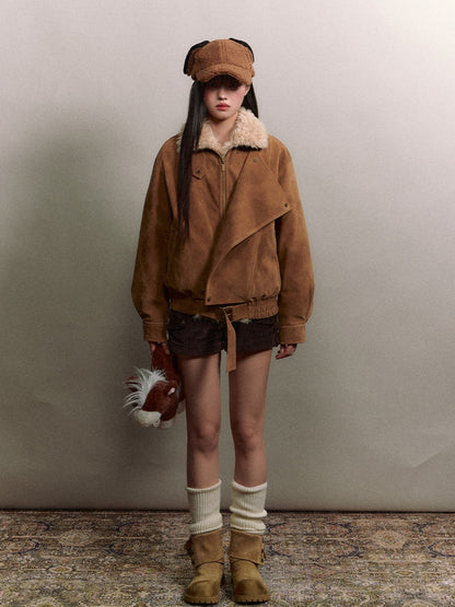 Soote Season - “Melard Mood” Retro Faux Suede Shearling-Trim Biker Jacket - Almond Brown