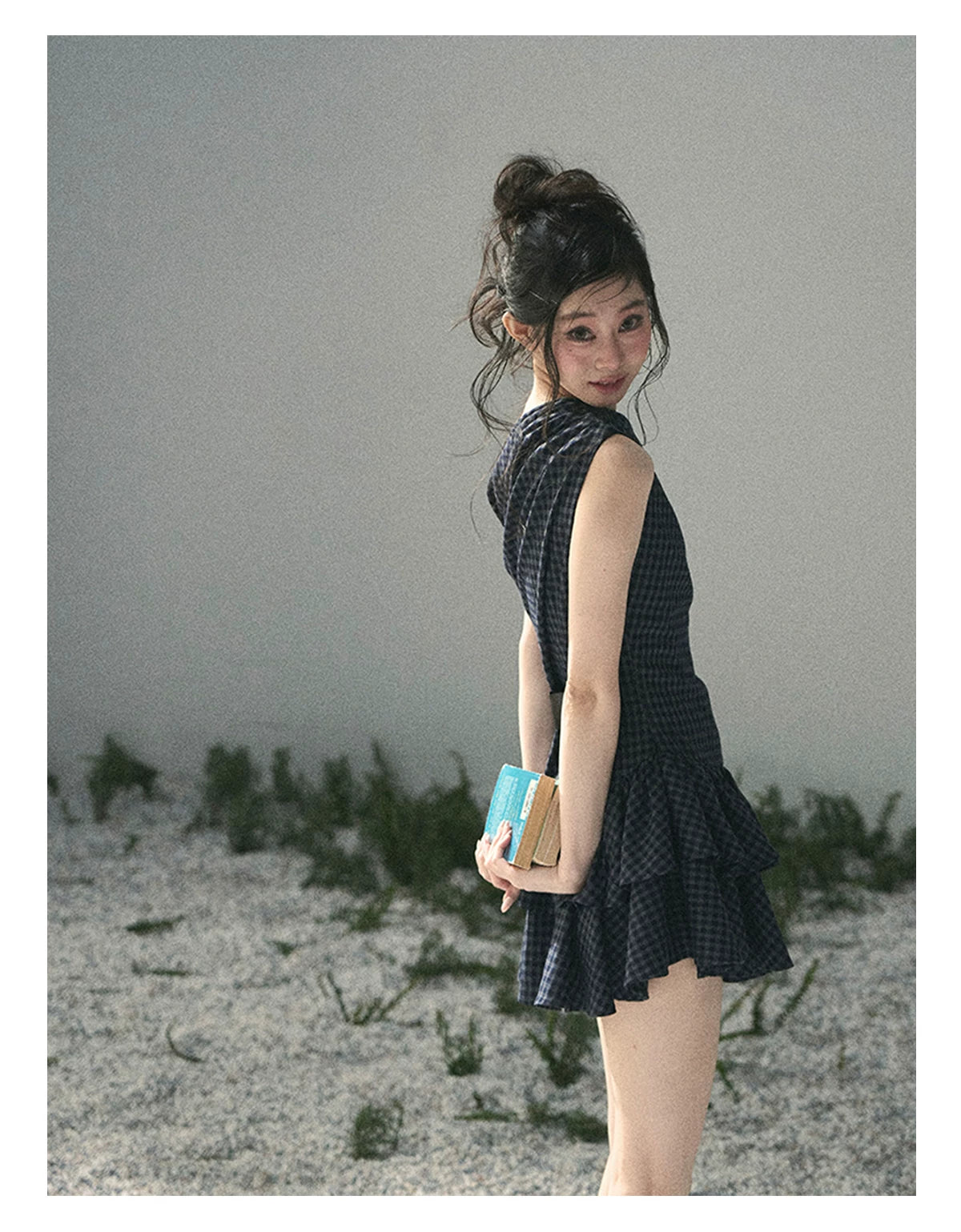"Moonlit Bellflower Reverie" Navy Plaid One-Shoulder Mini Dress 567474