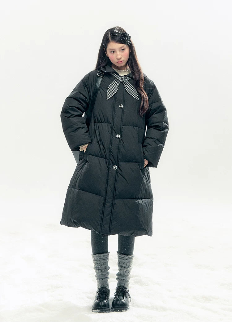 "Starry Night Little Witch" Black Long Down Coat with Detachable Bunny Bow Collar