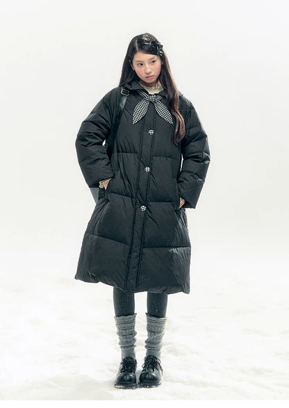 "Starry Night Little Witch" Black Long Down Coat with Detachable Bunny Bow Collar