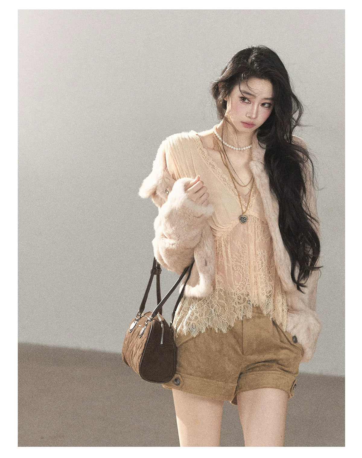 AOMALM - Blush Pink Lace-Trim Chiffon Blouse & Cami Set