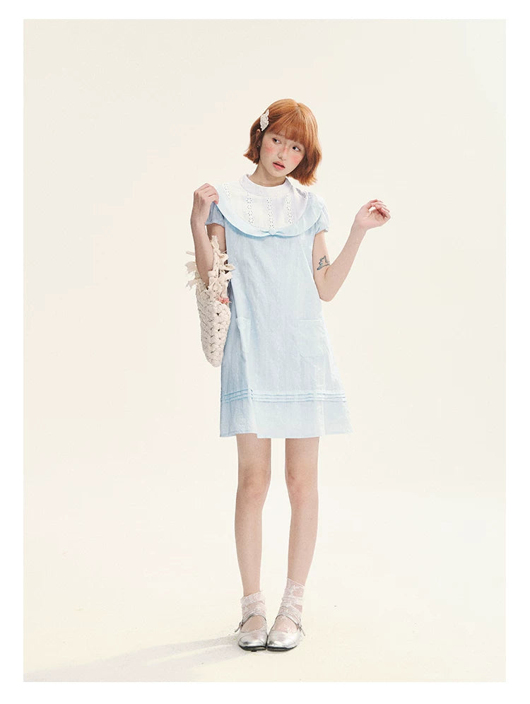 "Sea Salt Fizz" Baby Blue Cutout Embroidered Peter Pan Collar Puff Sleeve A-Line Dress