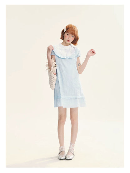 "Sea Salt Fizz" Baby Blue Cutout Embroidered Peter Pan Collar Puff Sleeve A-Line Dress