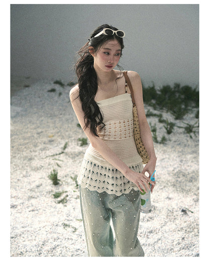 “Fractured Presence” Ivory Open-Knit Cami Top